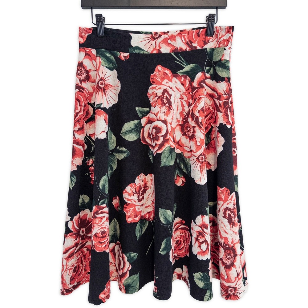 Silhouette NYC Floral Skater Skirt Womens L Black Pink‎ Rose Stretch Midi